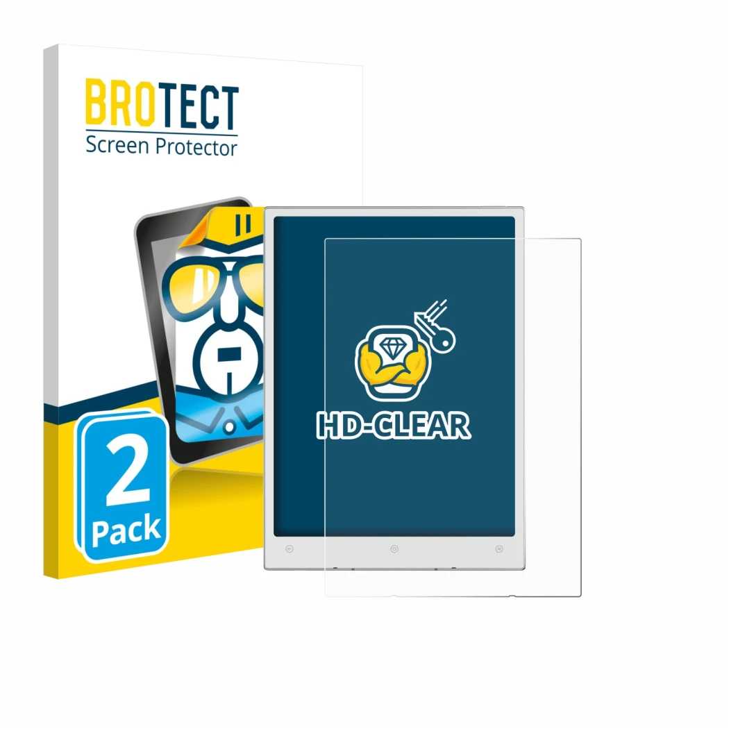 Parte frontal de un envase de producto con el logotipo de la marca BROTECT. Al lado se muestra el dispositivo Viwoods AiPaper 