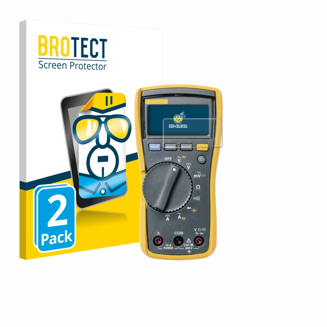Parte frontal de un envase de producto con el logotipo de la marca BROTECT. Al lado se muestra el dispositivo Fluke MultiMeter
