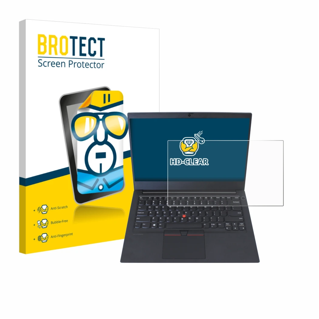 Parte frontal de un envase de producto con el logotipo de la marca BROTECT. Al lado se muestra el dispositivo Lenovo ThinkPad 