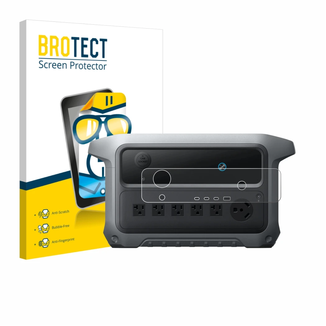 Parte frontal de un envase de producto con el logotipo de la marca BROTECT. Al lado se muestra el dispositivo Anker SOLIX C200