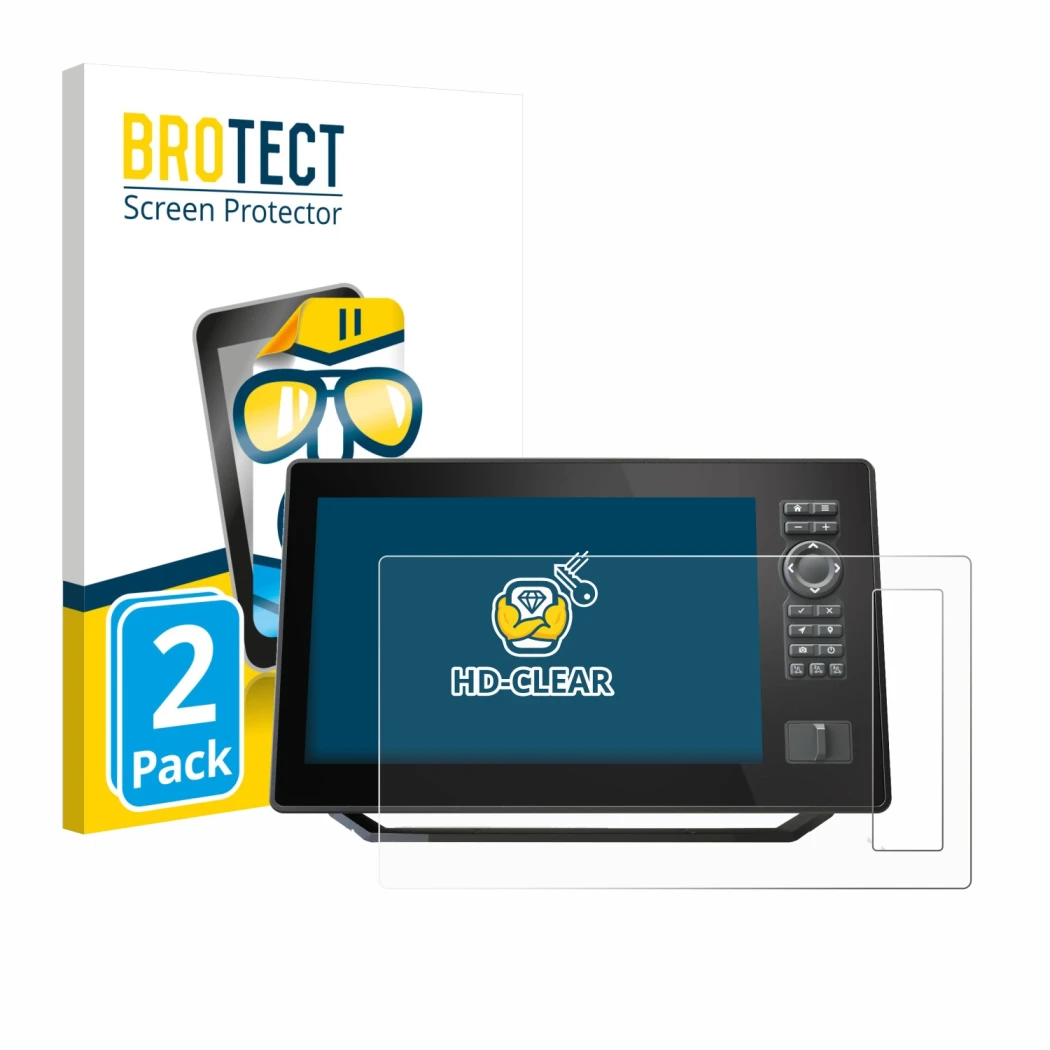 Parte frontal de un envase de producto con el logotipo de la marca BROTECT. Al lado se muestra el dispositivo Humminbird Xplor