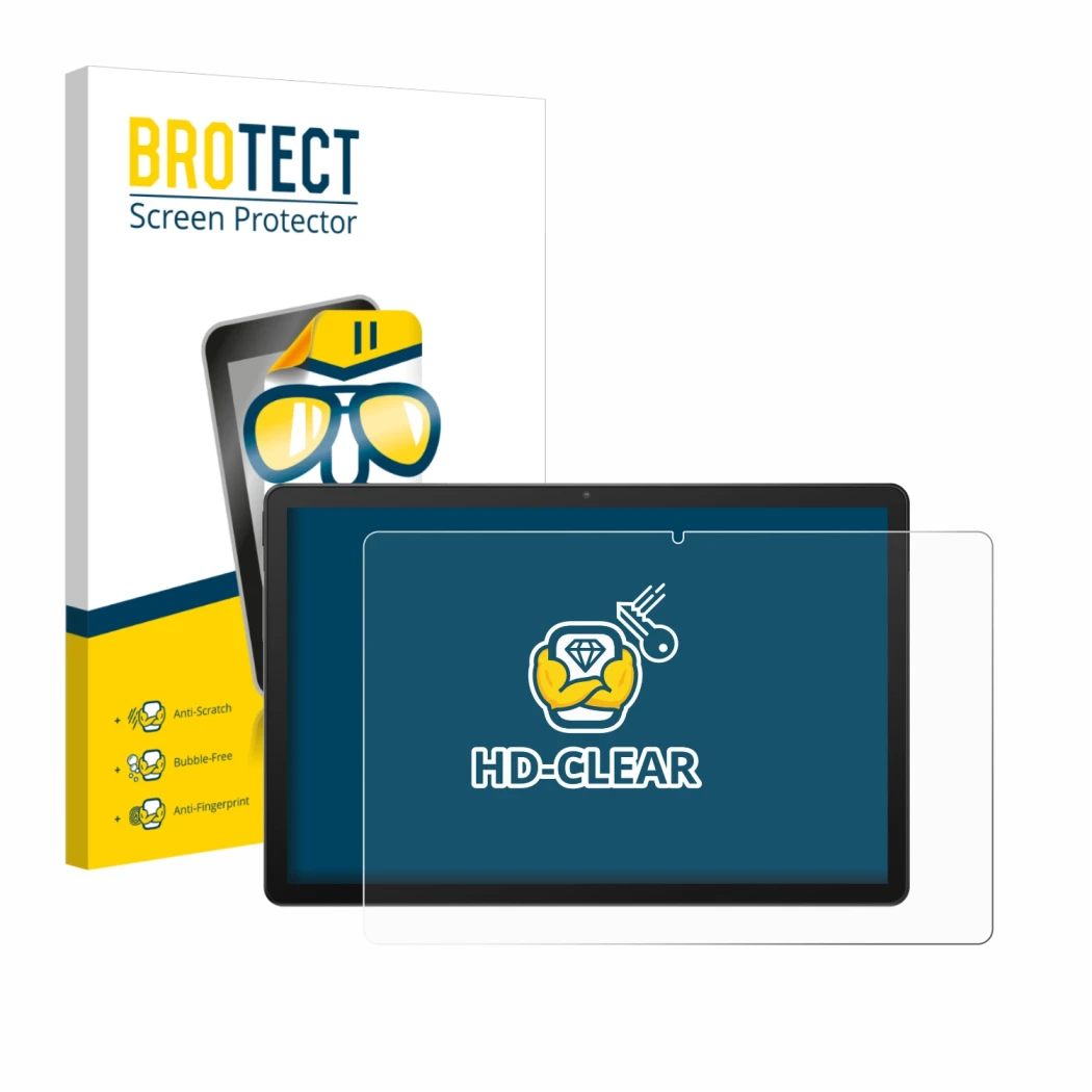 Parte frontal de un envase de producto con el logotipo de la marca BROTECT. Al lado se muestra el dispositivo Sunmi CPad 14