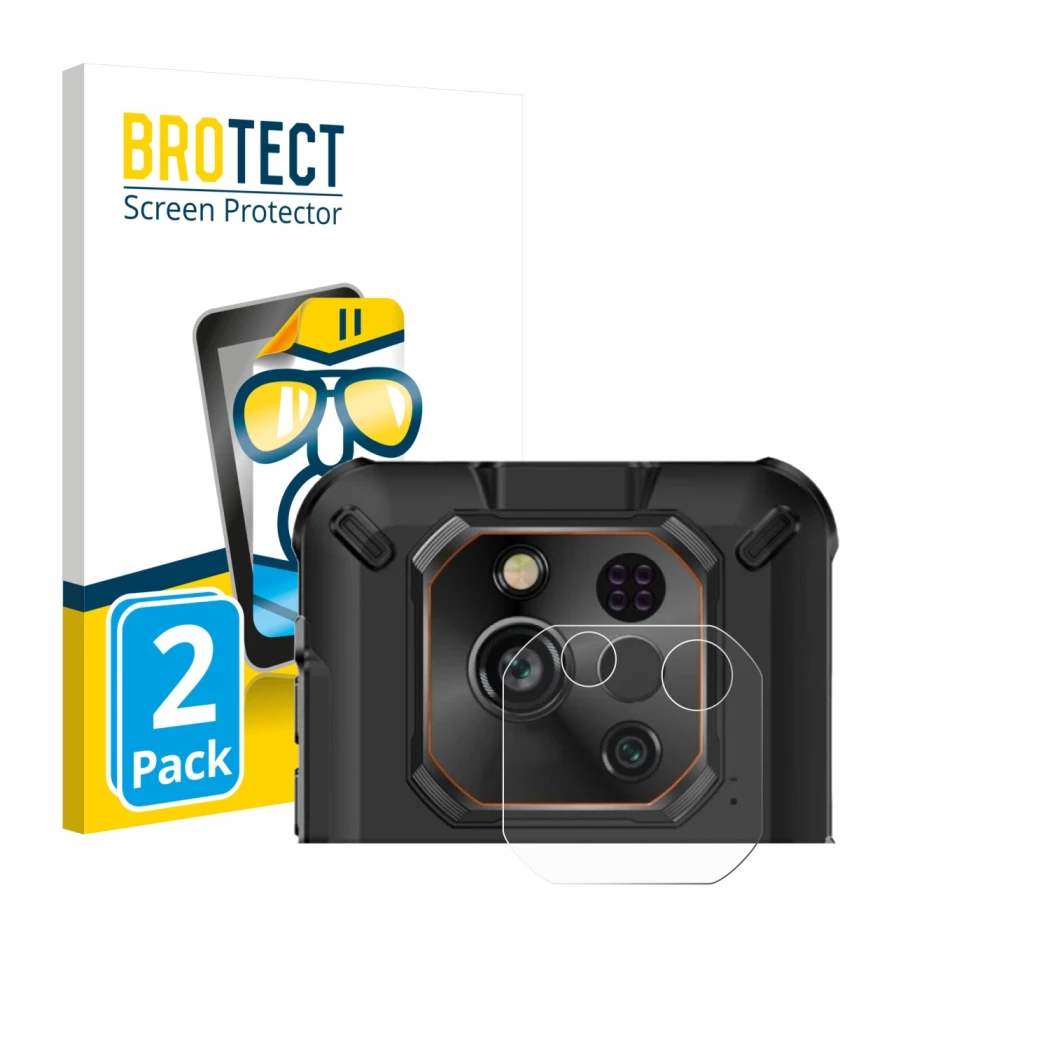 Parte frontal de un envase de producto con el logotipo de la marca BROTECT. Al lado se muestra el dispositivo Ulefone RugOne X