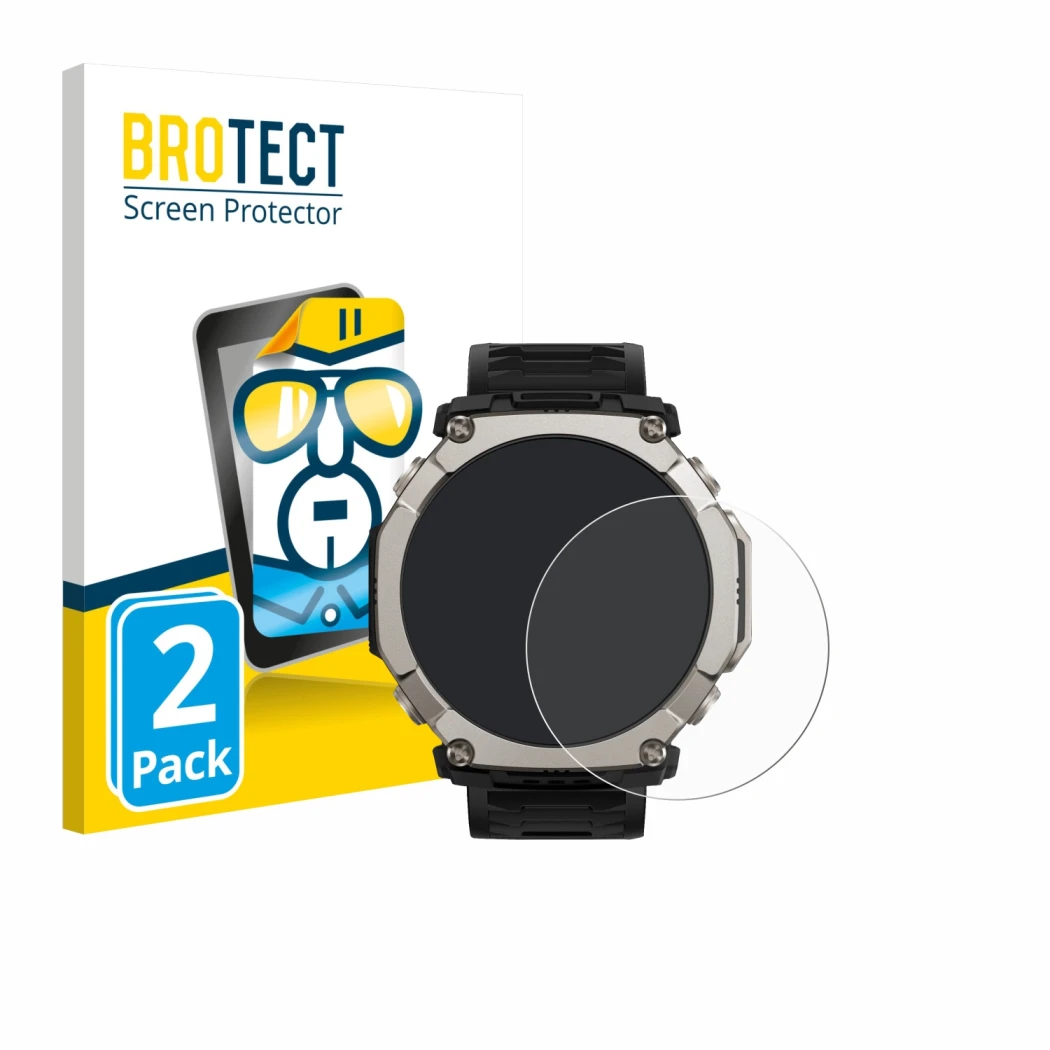 Parte frontal de un envase de producto con el logotipo de la marca BROTECT. Al lado se muestra el dispositivo Huami Amazfit T-