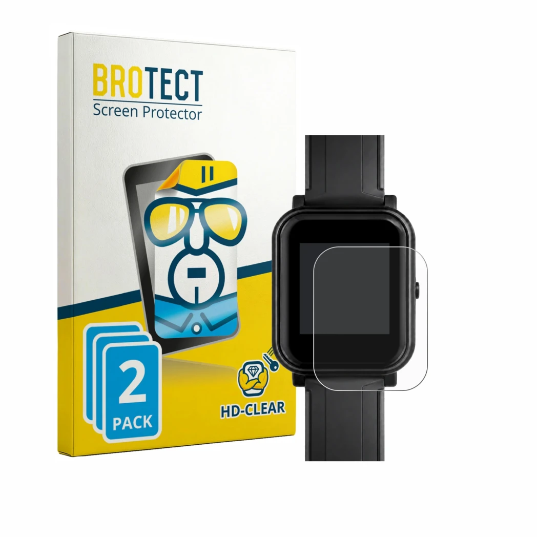 Parte frontal de un envase de producto con el logotipo de la marca BROTECT. Al lado se muestra el dispositivo Bangle.js 2 con 