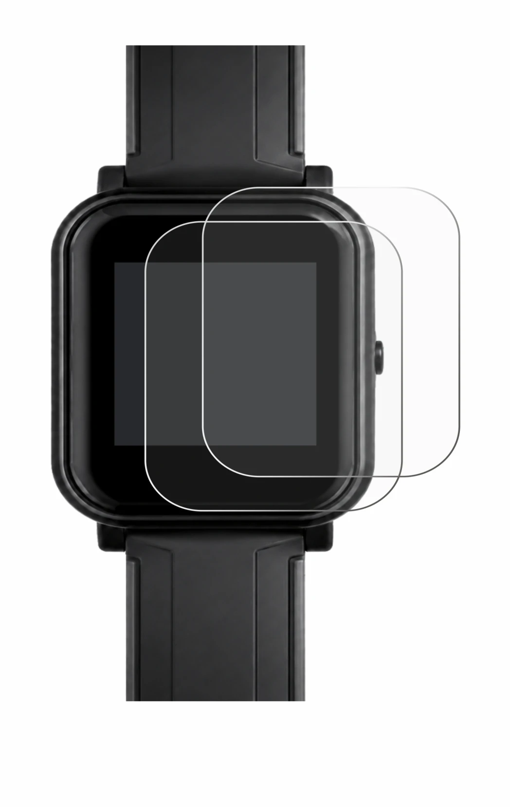 Imagen del dispositivo Bangle.js 2 con una amplia variedad de protectores de pantalla.