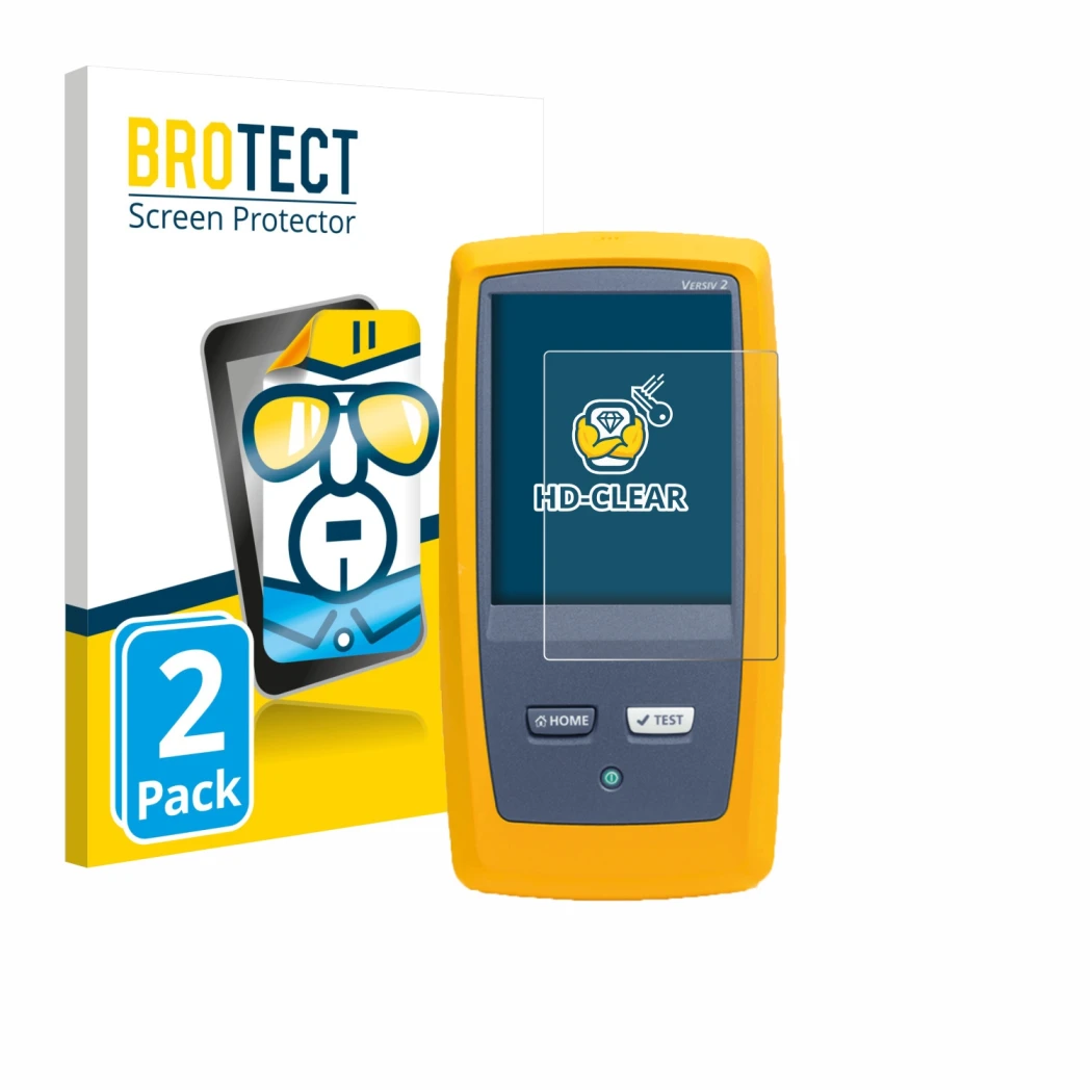 Parte frontal de un envase de producto con el logotipo de la marca BROTECT. Al lado se muestra el dispositivo Fluke DSX8000 co