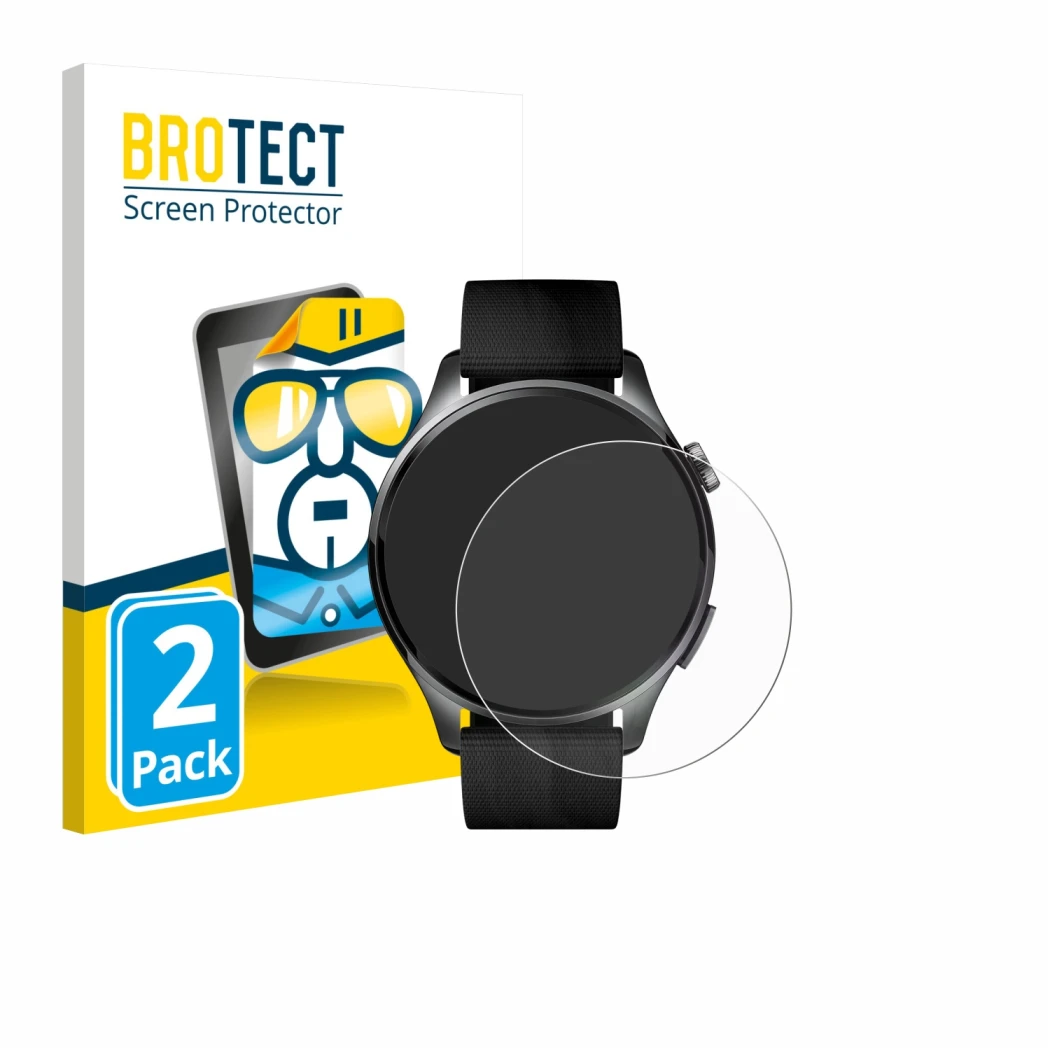 Parte frontal de un envase de producto con el logotipo de la marca BROTECT. Al lado se muestra el dispositivo Xiaomi Watch 5 (