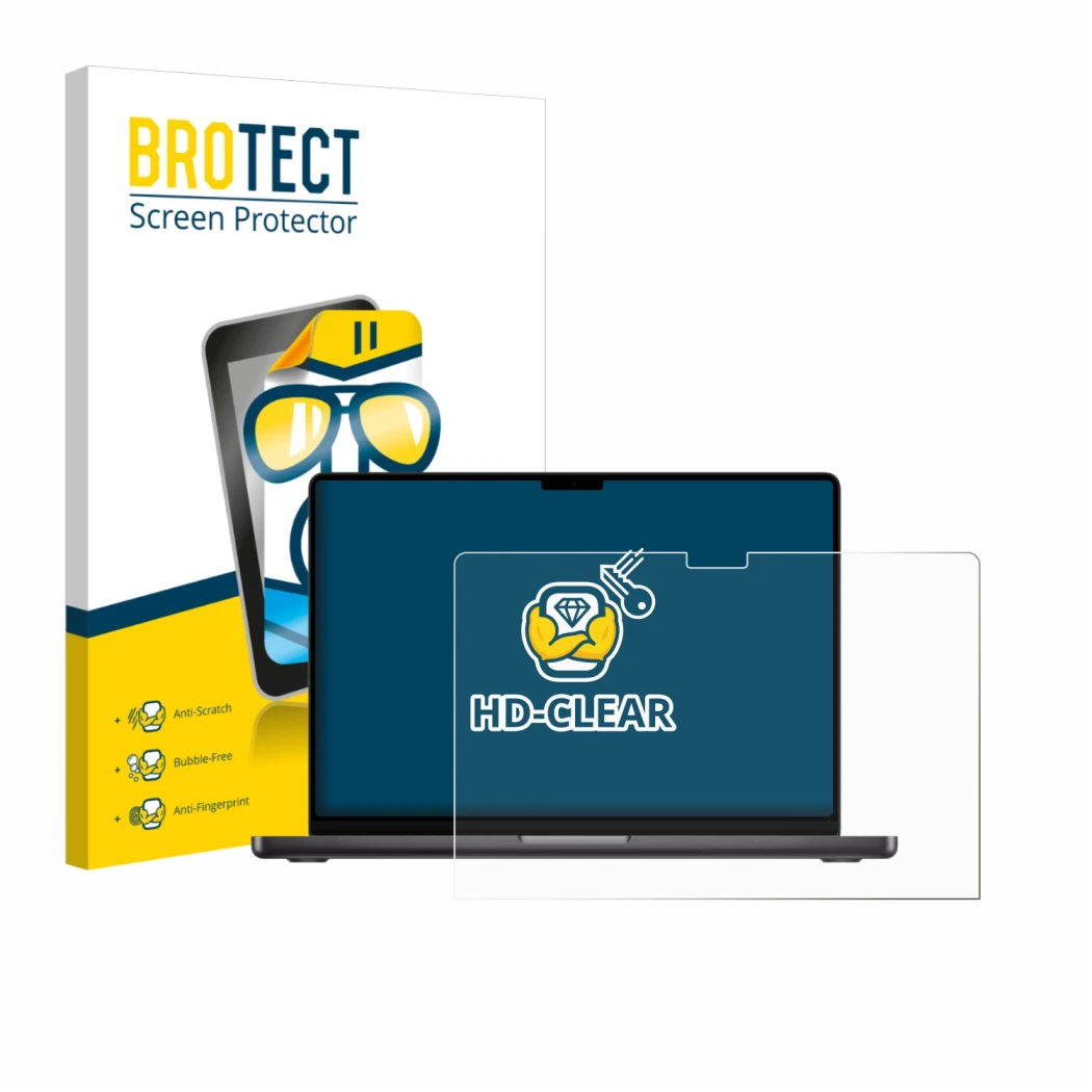 Parte frontal de un envase de producto con el logotipo de la marca BROTECT. Al lado se muestra el dispositivo Apple MacBook Pr