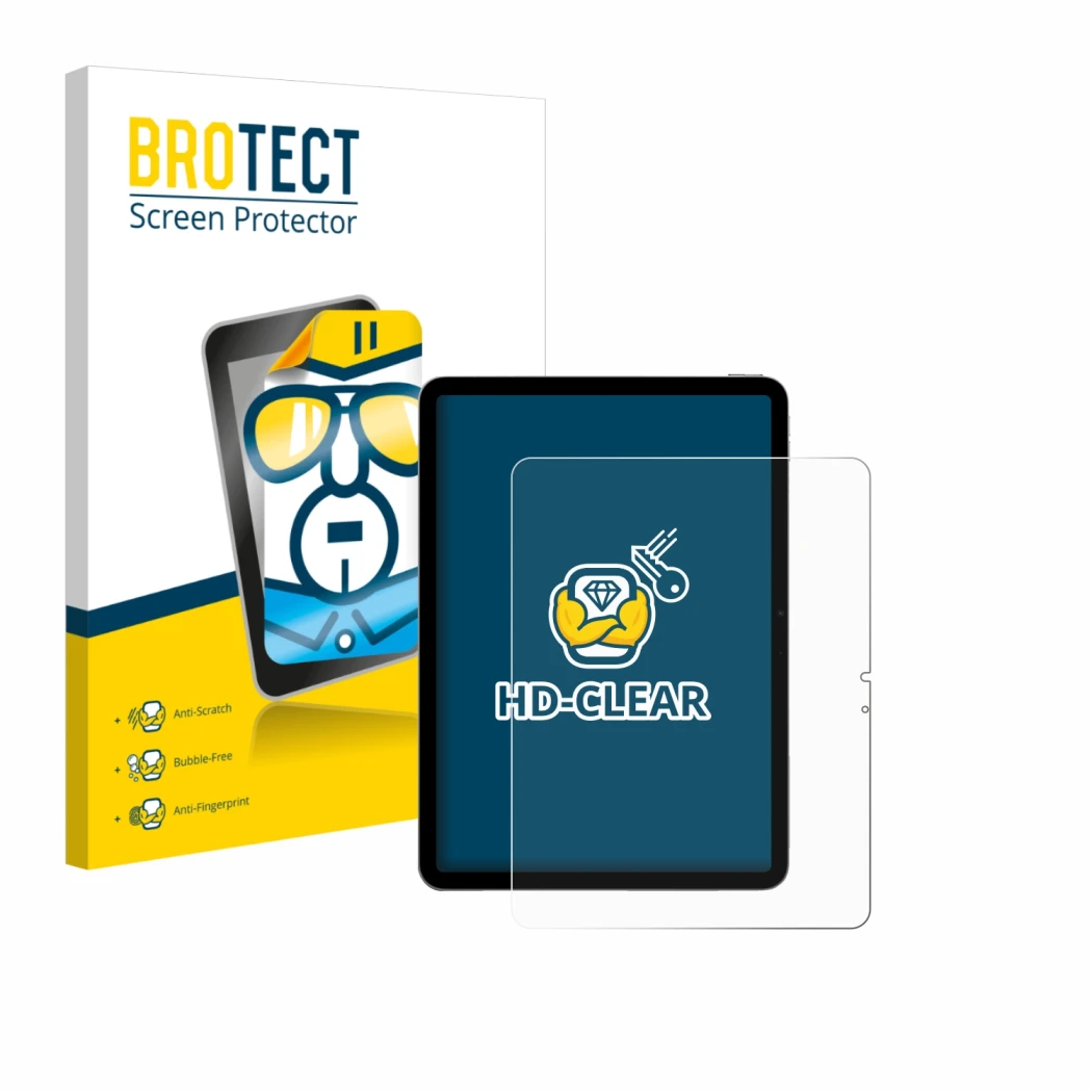 Parte frontal de un envase de producto con el logotipo de la marca BROTECT. Al lado se muestra el dispositivo Apple iPad Air 1