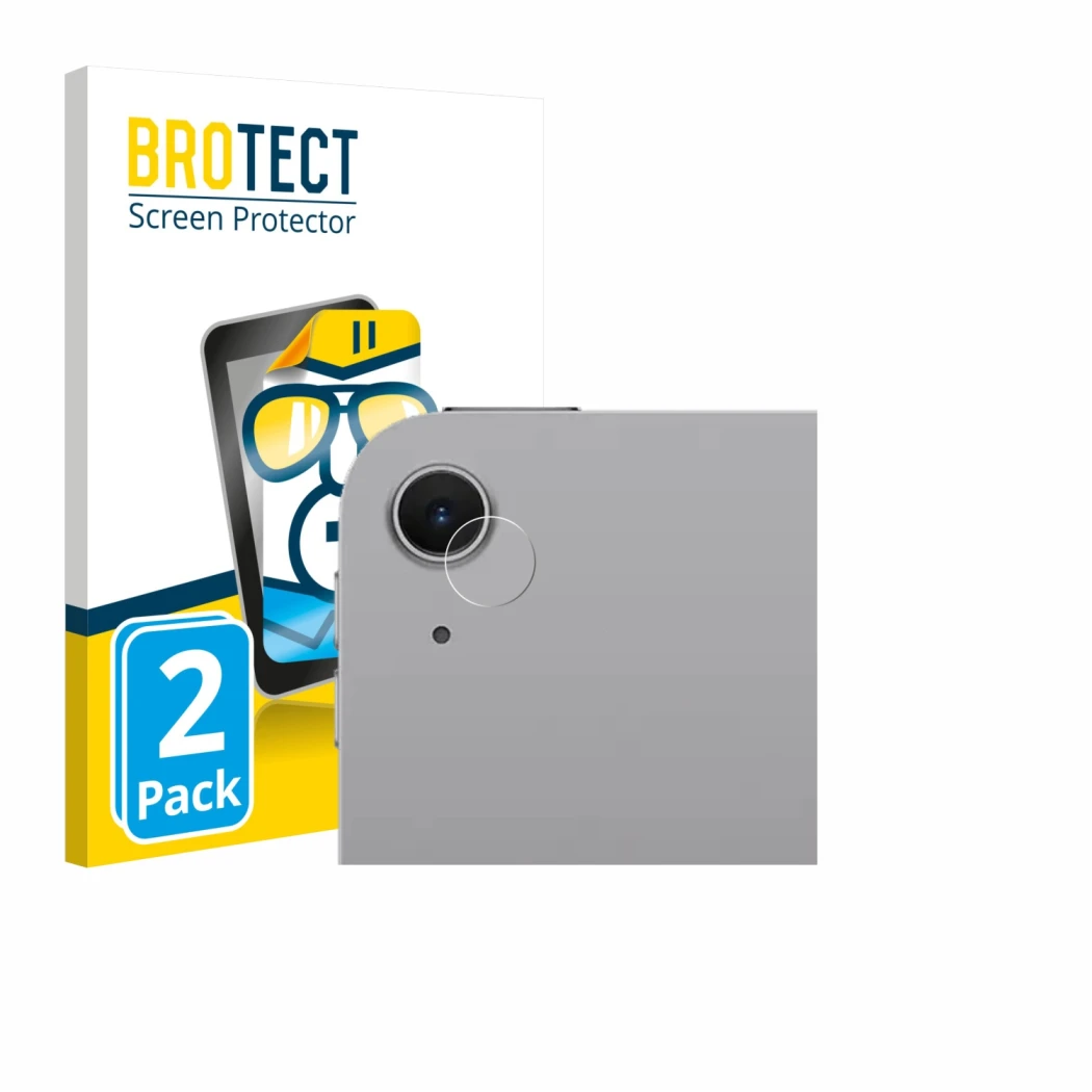 Parte frontal de un envase de producto con el logotipo de la marca BROTECT. Al lado se muestra el dispositivo Apple iPad Air 1