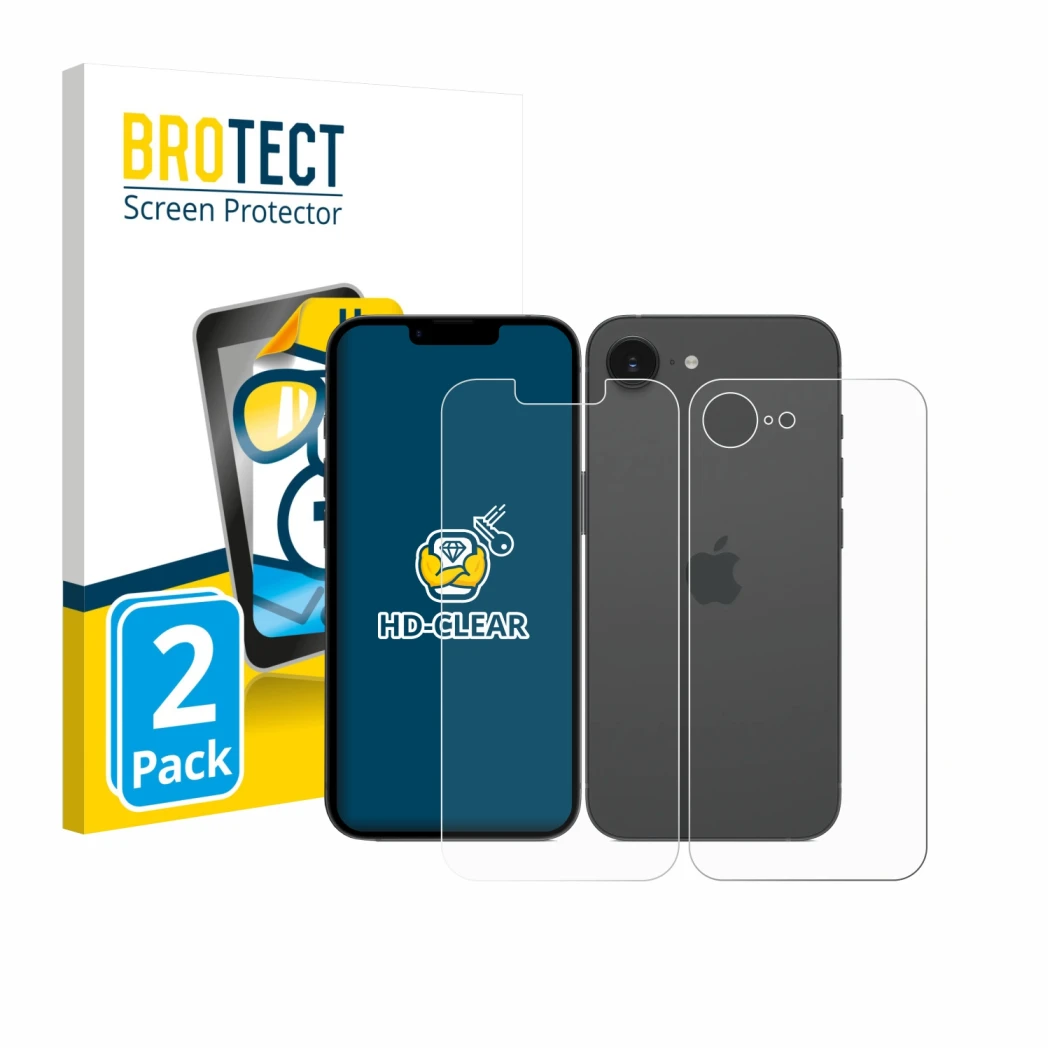 Parte frontal de un envase de producto con el logotipo de la marca BROTECT. Al lado se muestra el dispositivo Apple iPhone 17e