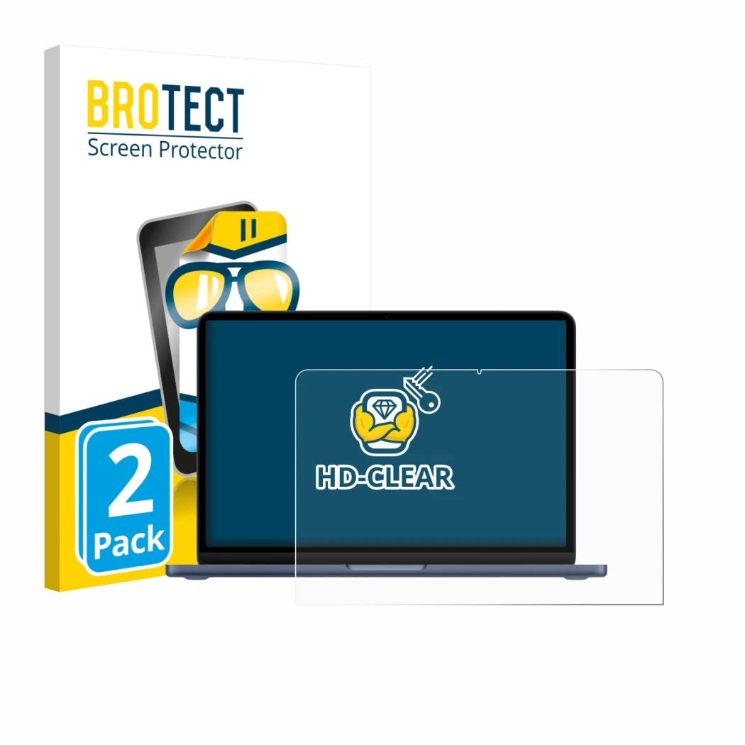 Parte frontal de un envase de producto con el logotipo de la marca BROTECT. Al lado se muestra el dispositivo Apple MacBook Ne