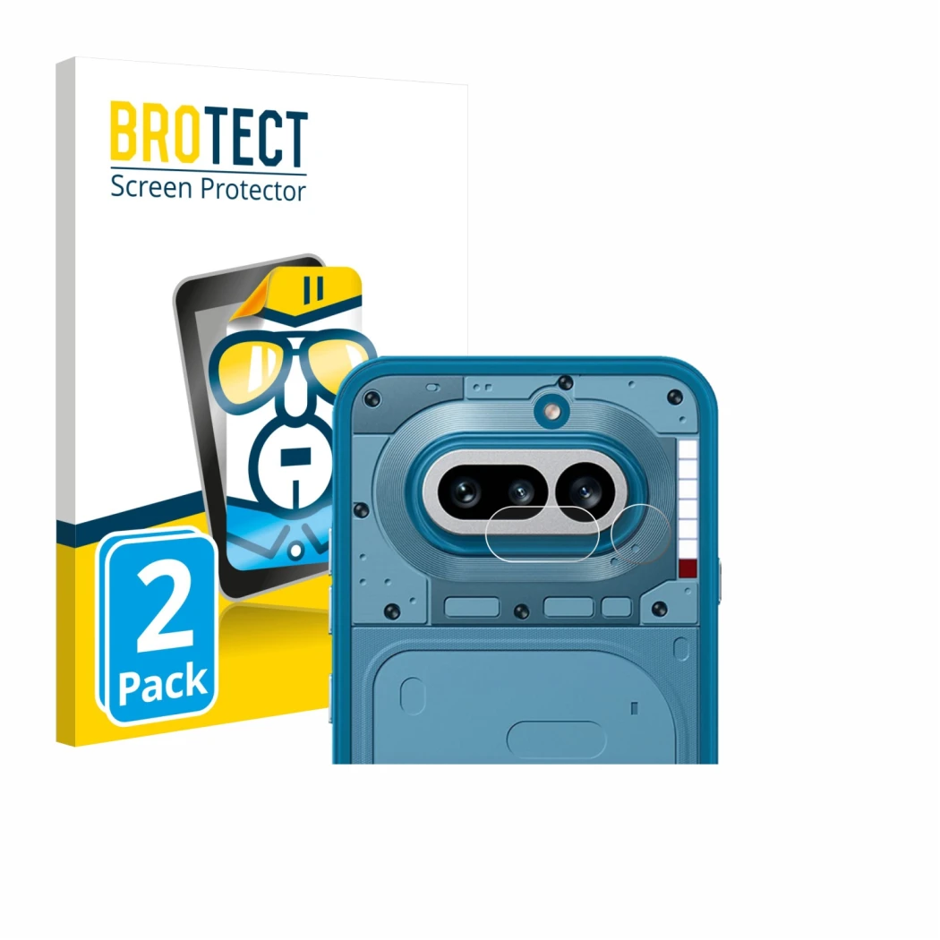Parte frontal de un envase de producto con el logotipo de la marca BROTECT. Al lado se muestra el dispositivo Nothing Phone (4