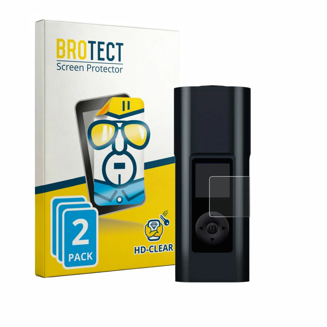 Parte frontal de un envase de producto con el logotipo de la marca BROTECT. Al lado se muestra el dispositivo Arizer Solo 3 V2