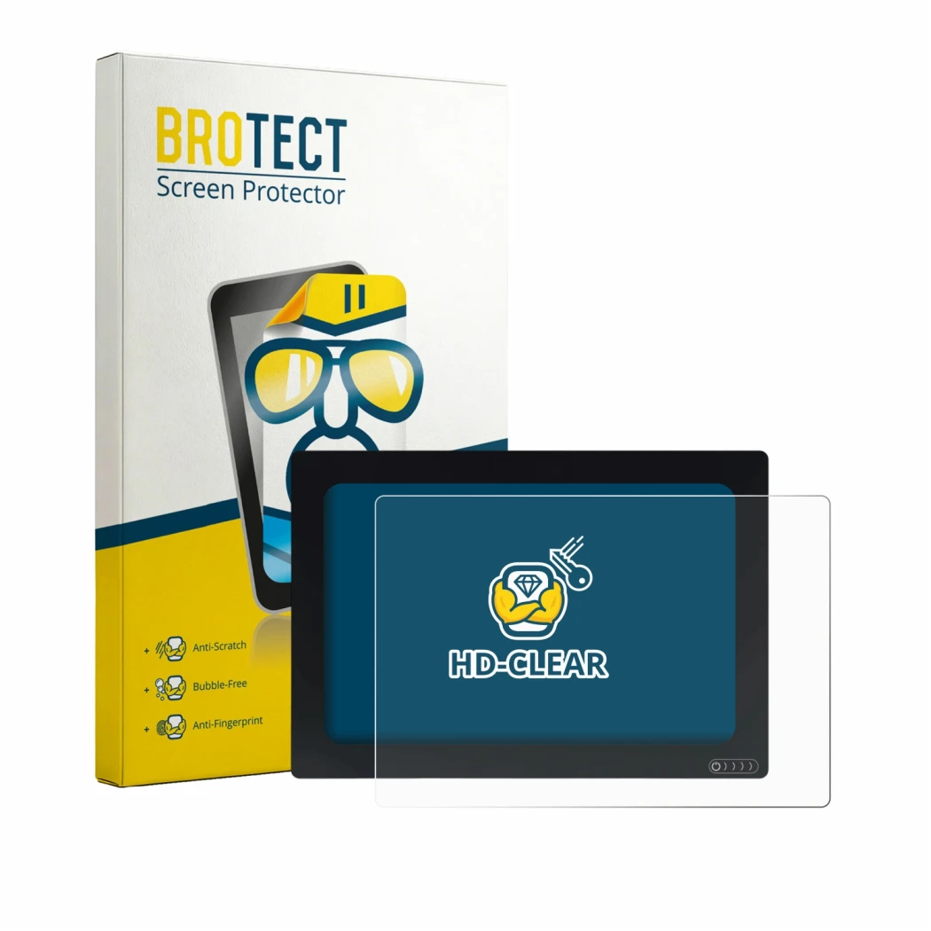 Parte frontal de un envase de producto con el logotipo de la marca BROTECT. Al lado se muestra el dispositivo Raymarine Axiom+