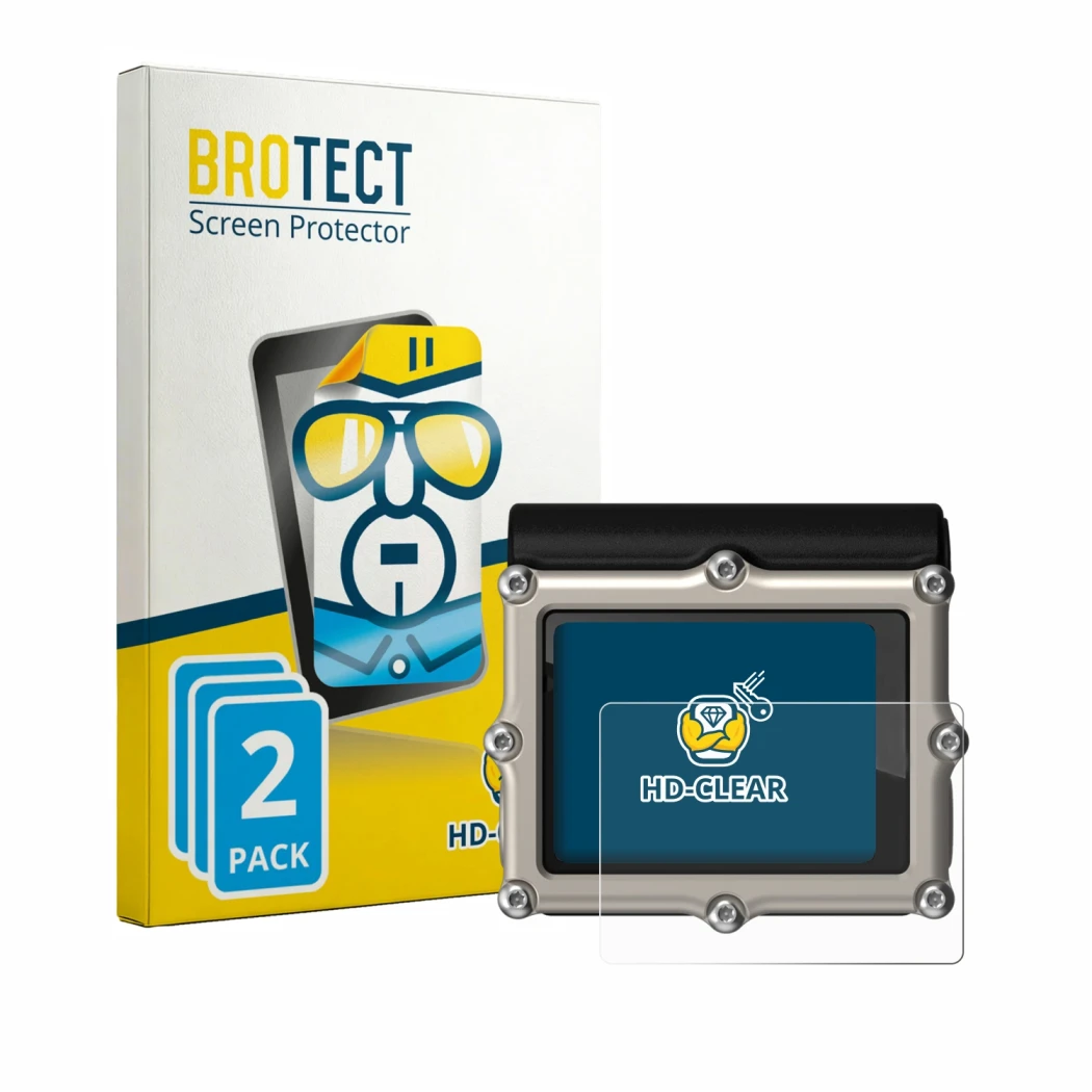 Parte frontal de un envase de producto con el logotipo de la marca BROTECT. Al lado se muestra el dispositivo Shearwater Petre