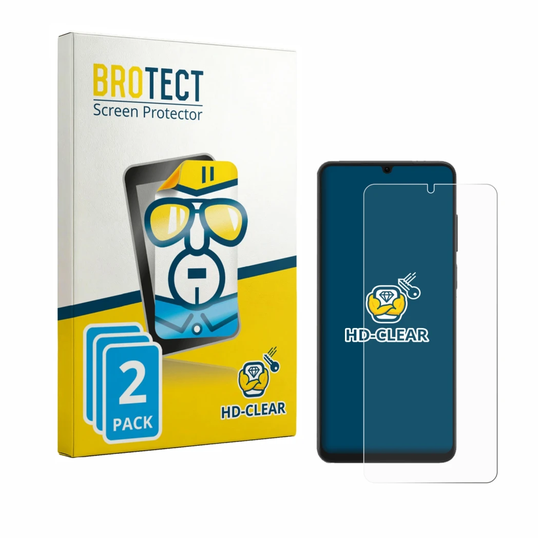 Parte frontal de un envase de producto con el logotipo de la marca BROTECT. Al lado se muestra el dispositivo Honor X6d con su