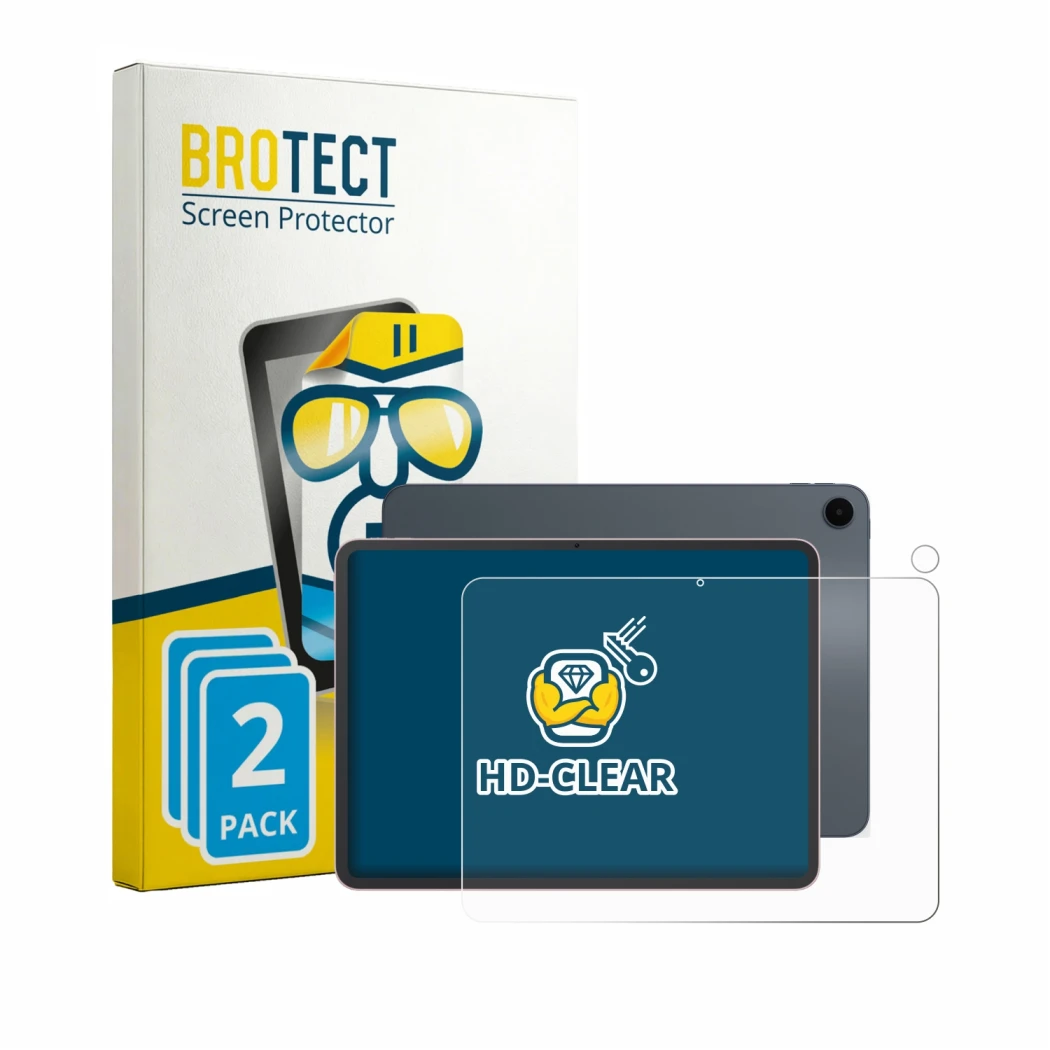 Parte frontal de un envase de producto con el logotipo de la marca BROTECT. Al lado se muestra el dispositivo Oppo Pad 5 (Fron