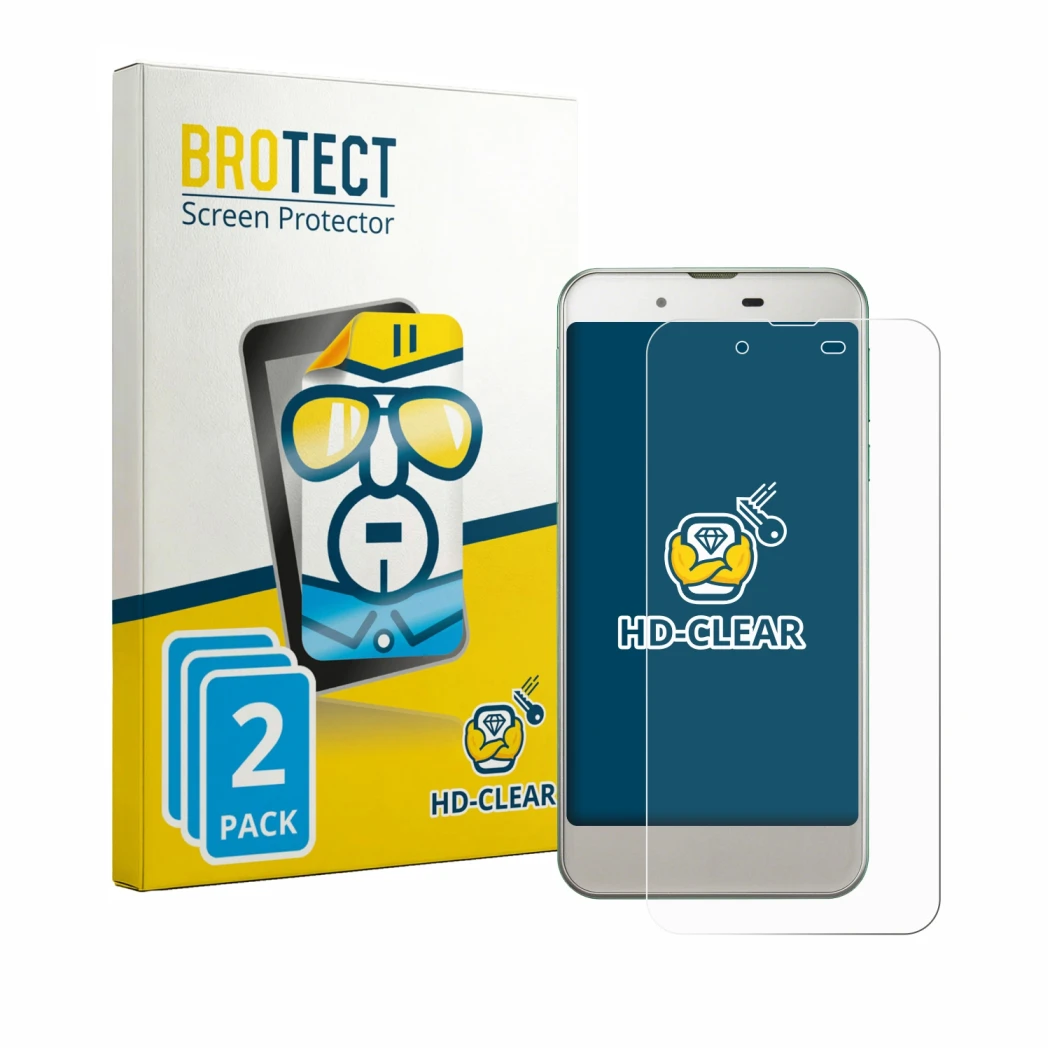 Parte frontal de un envase de producto con el logotipo de la marca BROTECT. Al lado se muestra el dispositivo Sharp Aquos SHV3