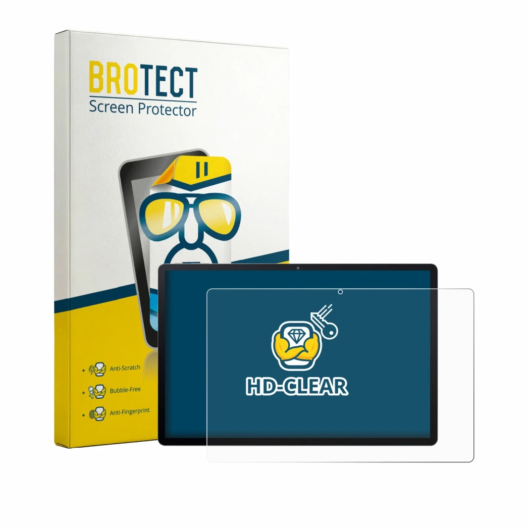 Parte frontal de un envase de producto con el logotipo de la marca BROTECT. Al lado se muestra el dispositivo Acer Iconia X14 
