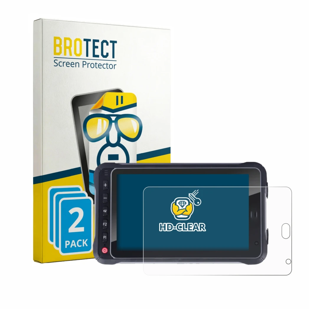Parte frontal de un envase de producto con el logotipo de la marca BROTECT. Al lado se muestra el dispositivo Hugerock X72 con