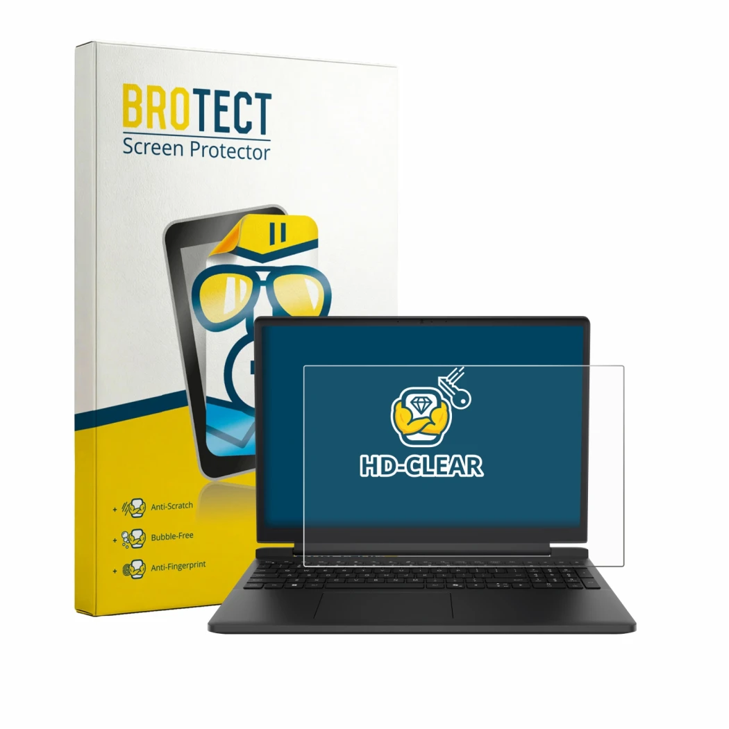 Parte frontal de un envase de producto con el logotipo de la marca BROTECT. Al lado se muestra el dispositivo Dell 15 DA15265 