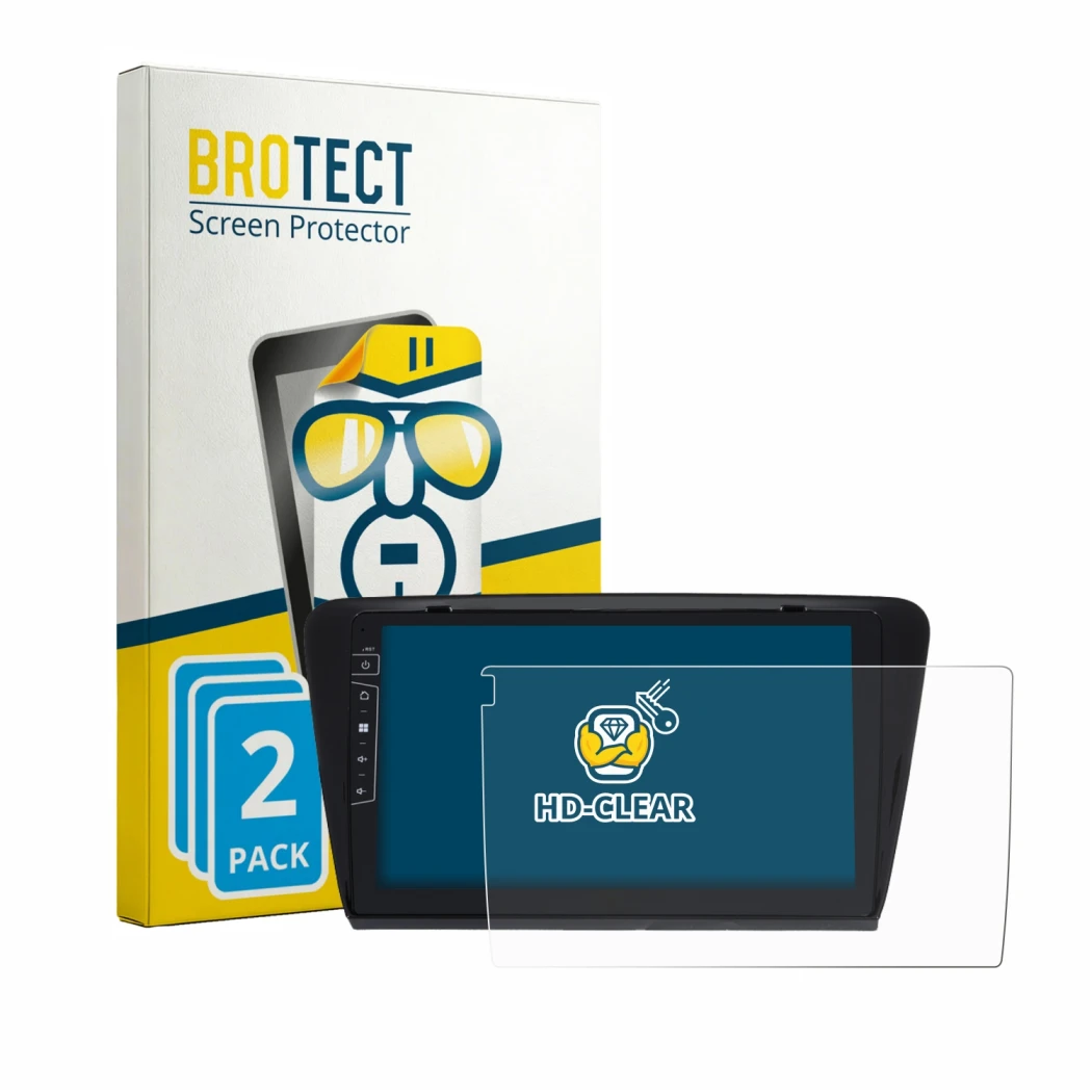 Parte frontal de un envase de producto con el logotipo de la marca BROTECT. Al lado se muestra el dispositivo Dynavin D9-7 Pre