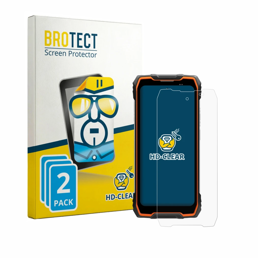 Parte frontal de un envase de producto con el logotipo de la marca BROTECT. Al lado se muestra el dispositivo Blackview Rock 2