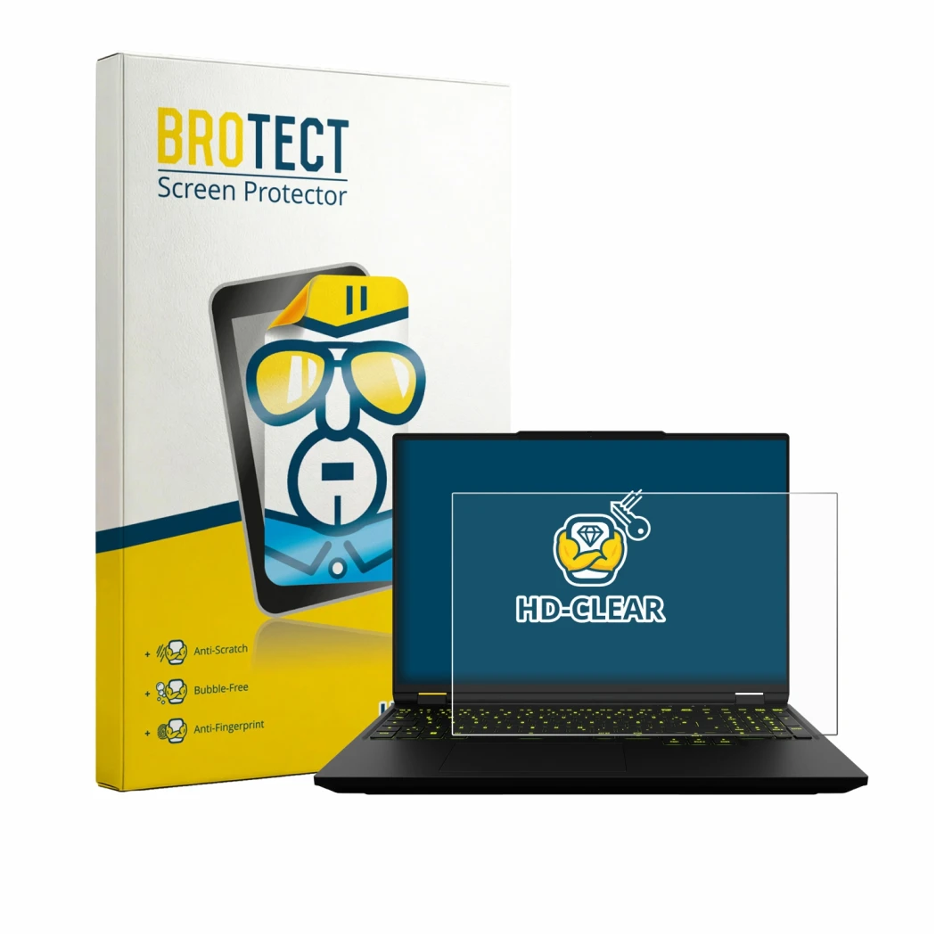 Parte frontal de un envase de producto con el logotipo de la marca BROTECT. Al lado se muestra el dispositivo XMG Neo 16 con s