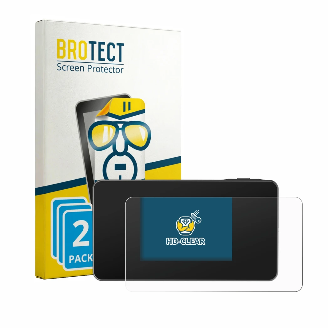 Parte frontal de un envase de producto con el logotipo de la marca BROTECT. Al lado se muestra el dispositivo TP-Link M8550 co