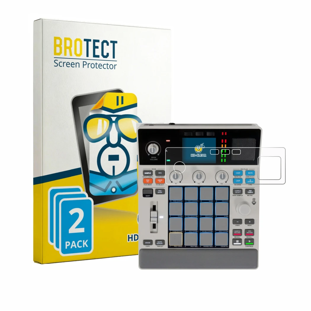 Parte frontal de un envase de producto con el logotipo de la marca BROTECT. Al lado se muestra el dispositivo Akai MPC Sample