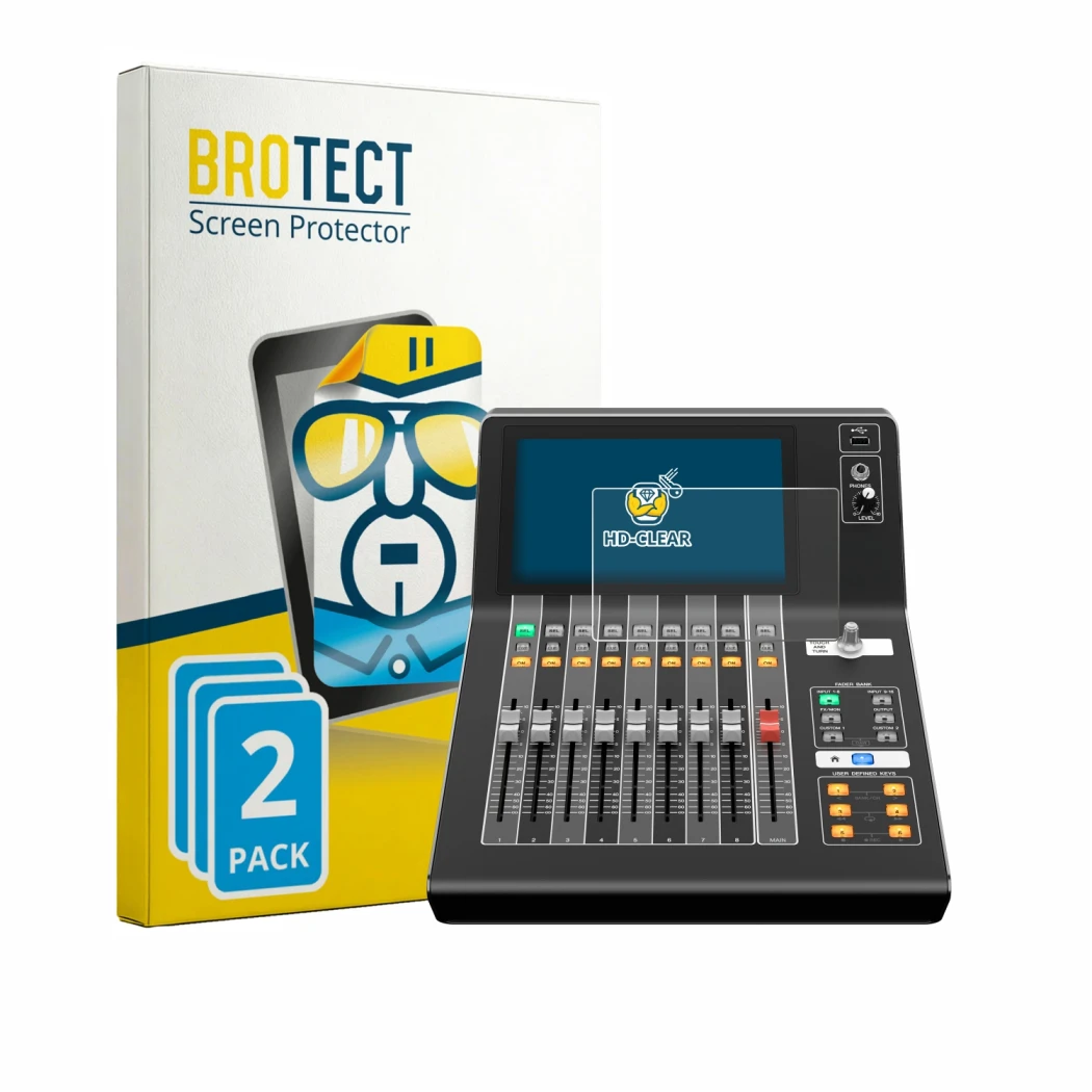 Parte frontal de un envase de producto con el logotipo de la marca BROTECT. Al lado se muestra el dispositivo Yamaha DM3 con s