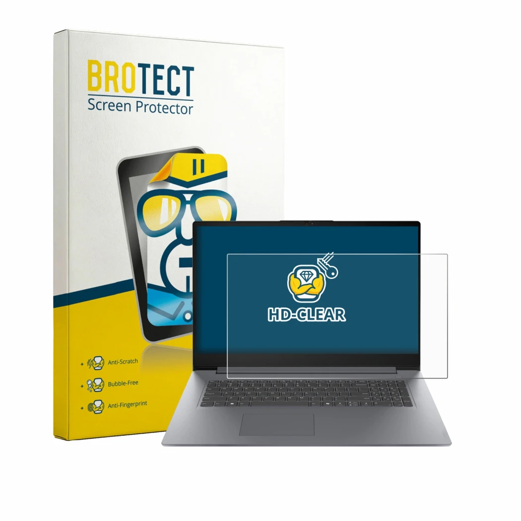 Parte frontal de un envase de producto con el logotipo de la marca BROTECT. Al lado se muestra el dispositivo Lenovo V17 G7 co