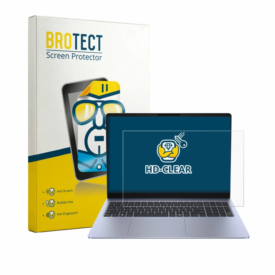 Parte frontal de un envase de producto con el logotipo de la marca BROTECT. Al lado se muestra el dispositivo Dell 16S con su