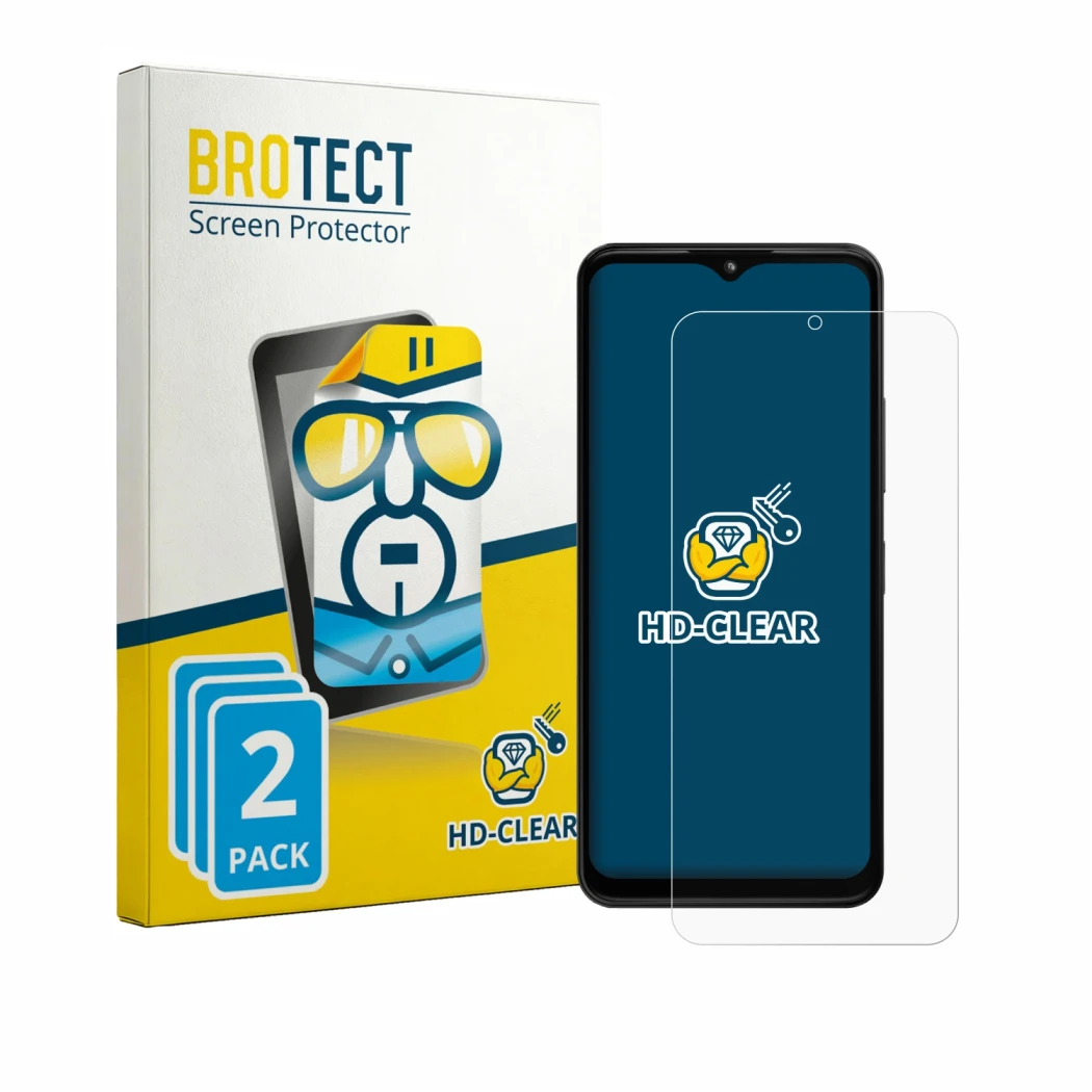 Parte frontal de un envase de producto con el logotipo de la marca BROTECT. Al lado se muestra el dispositivo HMD Arc con su p
