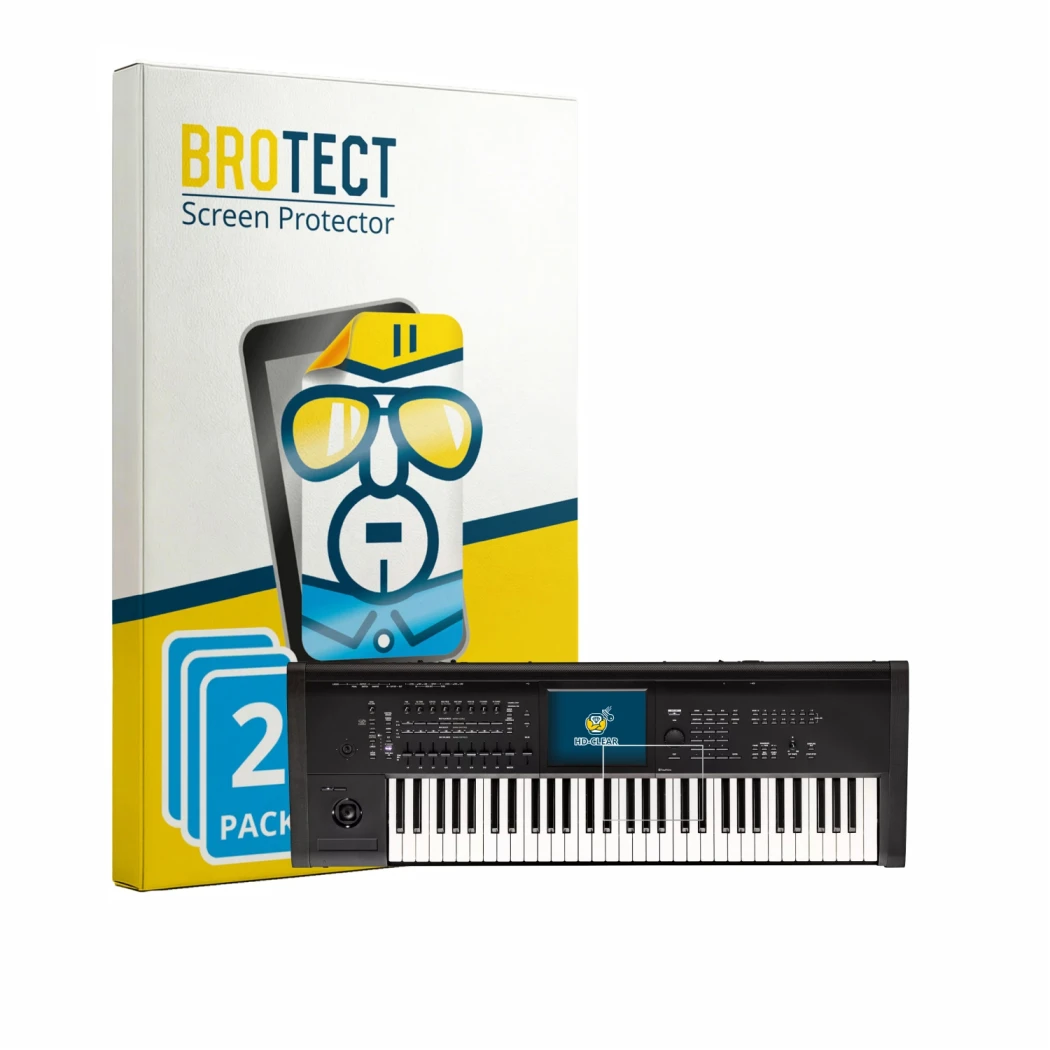 Parte frontal de un envase de producto con el logotipo de la marca BROTECT. Al lado se muestra el dispositivo KORG Kronos 3 (2