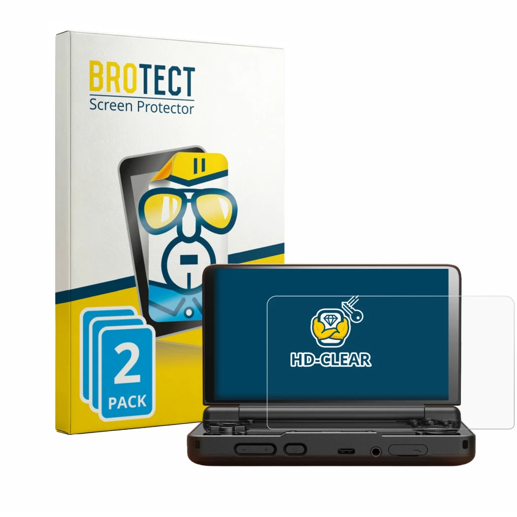 Parte frontal de un envase de producto con el logotipo de la marca BROTECT. Al lado se muestra el dispositivo AYN Thor con su 