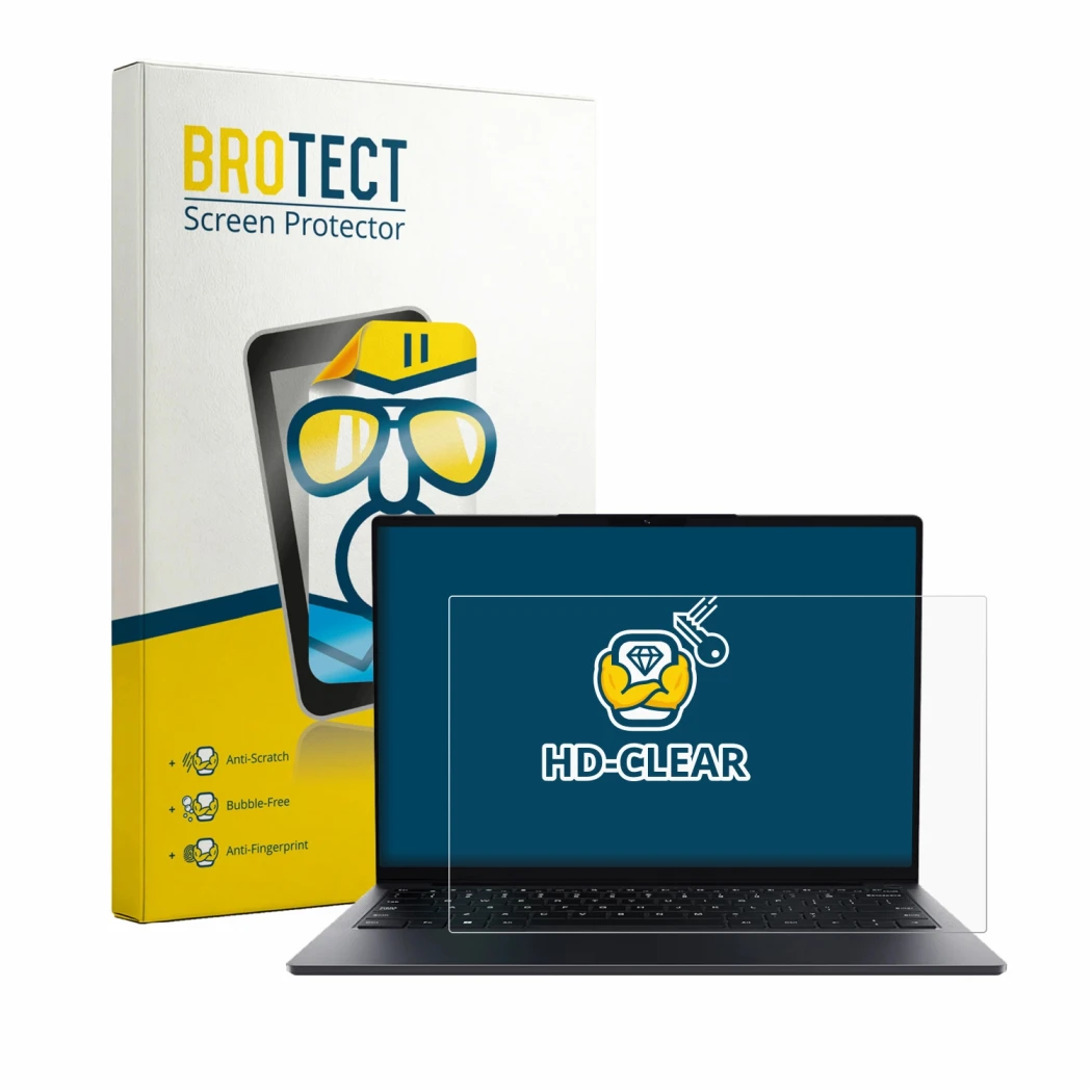 Parte frontal de un envase de producto con el logotipo de la marca BROTECT. Al lado se muestra el dispositivo Chuwi UniBook co
