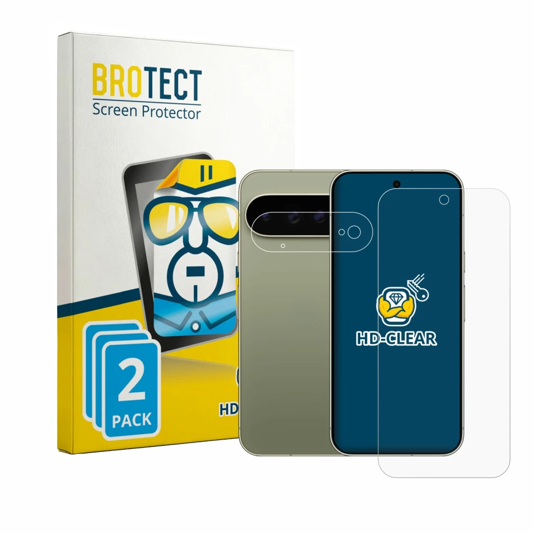 Parte frontal de un envase de producto con el logotipo de la marca BROTECT. Al lado se muestra el dispositivo Google Pixel 11 