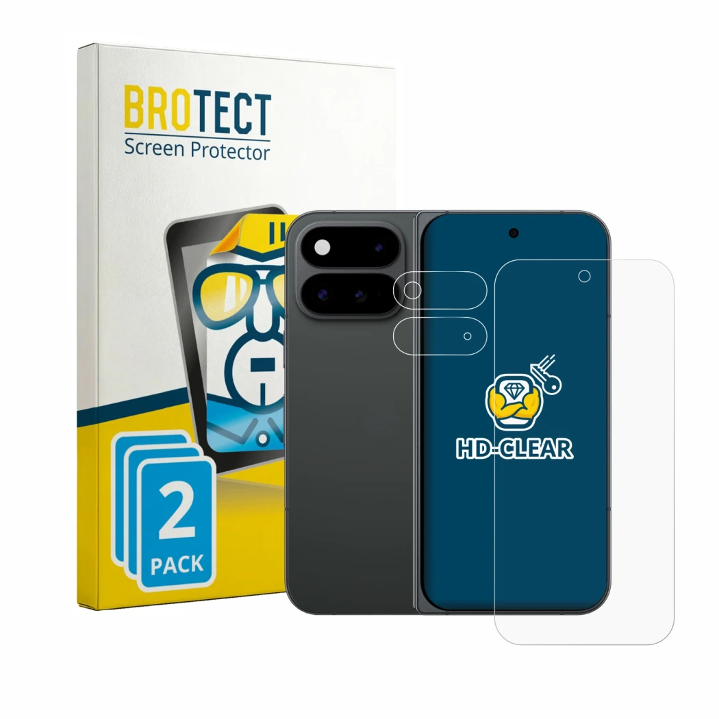 Parte frontal de un envase de producto con el logotipo de la marca BROTECT. Al lado se muestra el dispositivo Google Pixel 11