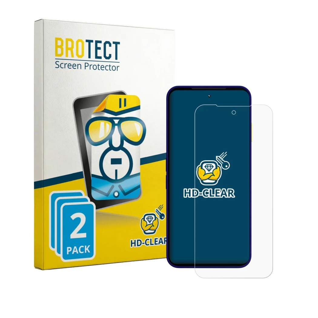 Parte frontal de un envase de producto con el logotipo de la marca BROTECT. Al lado se muestra el dispositivo Fairphone 6 Plus