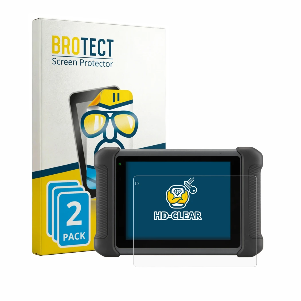 Parte frontal de un envase de producto con el logotipo de la marca BROTECT. Al lado se muestra el dispositivo Autel MaxiSys MS