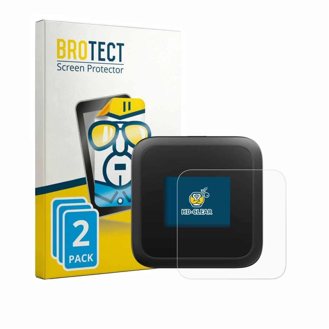 Parte frontal de un envase de producto con el logotipo de la marca BROTECT. Al lado se muestra el dispositivo Netgear Nighthaw