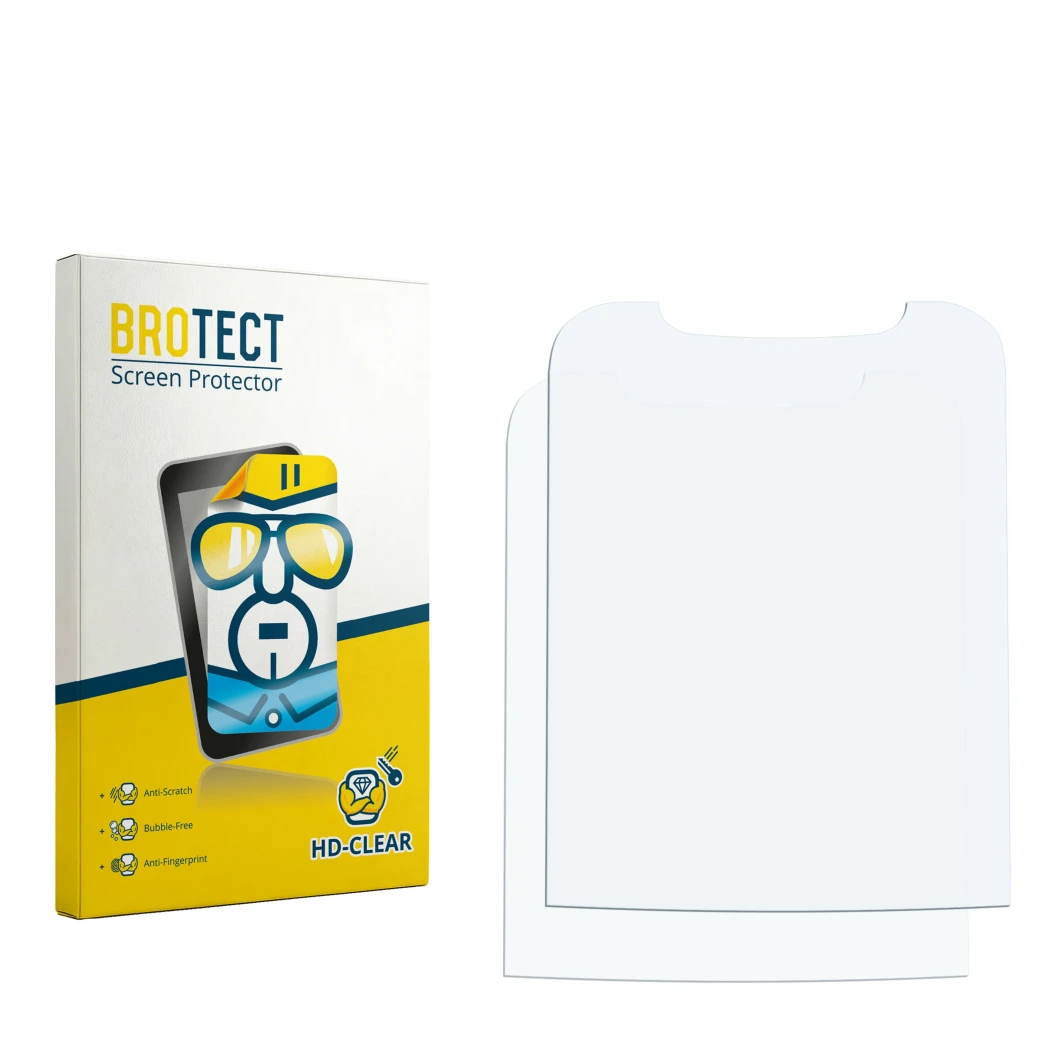Parte frontal de un envase de producto con el logotipo de la marca BROTECT. Al lado está el protector de pantalla correspondie