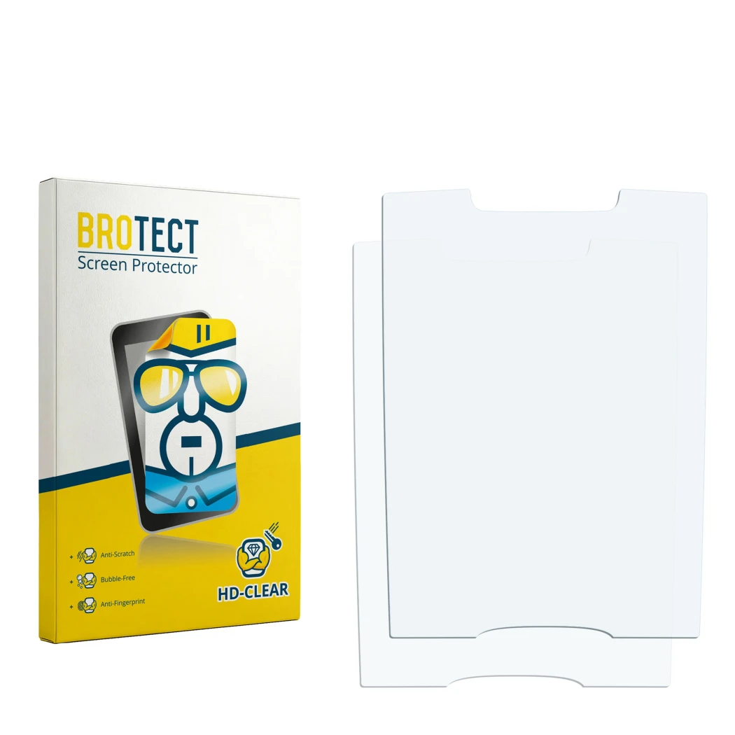 Parte frontal de un envase de producto con el logotipo de la marca BROTECT. Al lado está el protector de pantalla correspondie