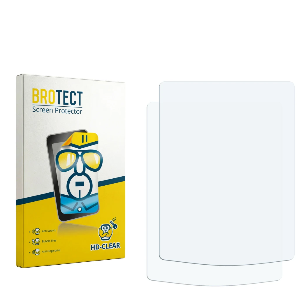 Parte frontal de un envase de producto con el logotipo de la marca BROTECT. Al lado está el protector de pantalla correspondie