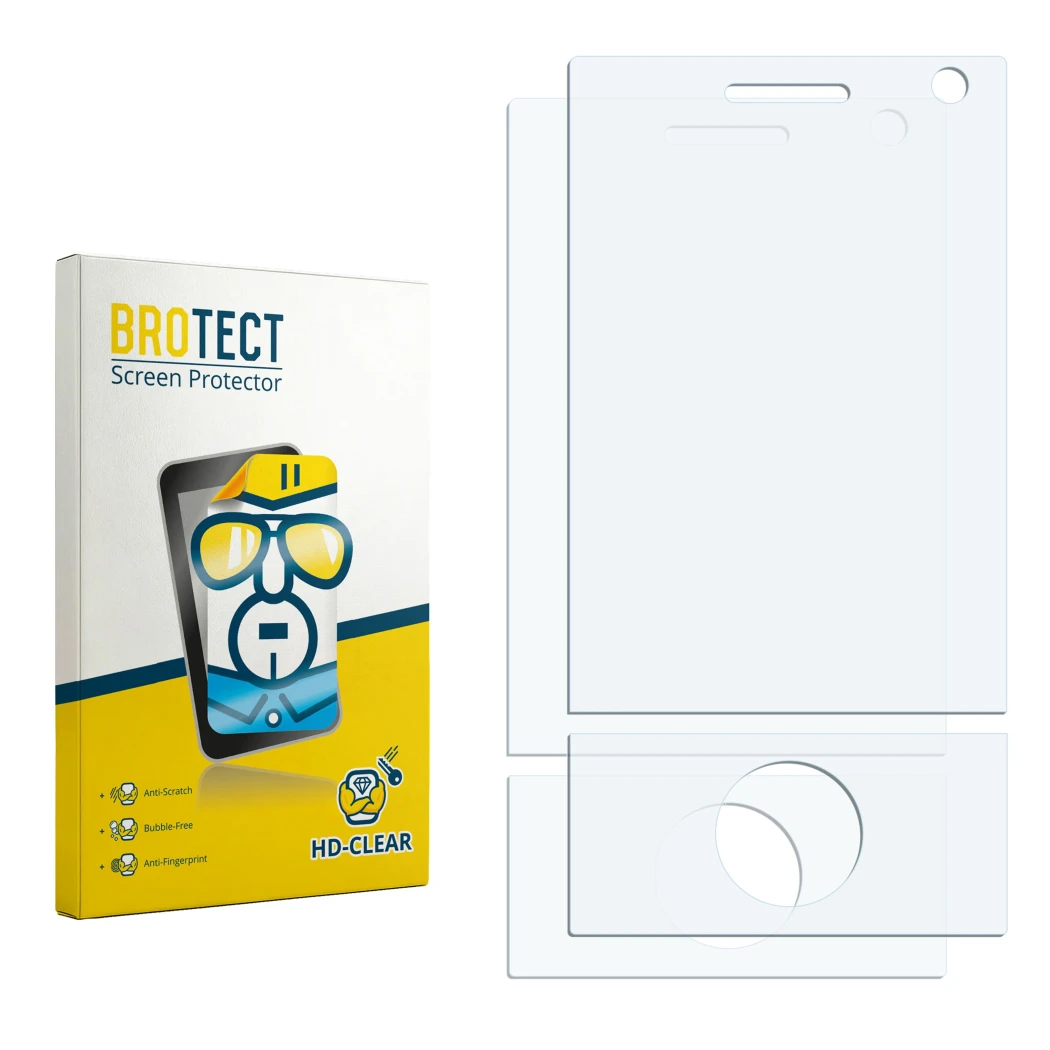 Parte frontal de un envase de producto con el logotipo de la marca BROTECT. Al lado está el protector de pantalla correspondie