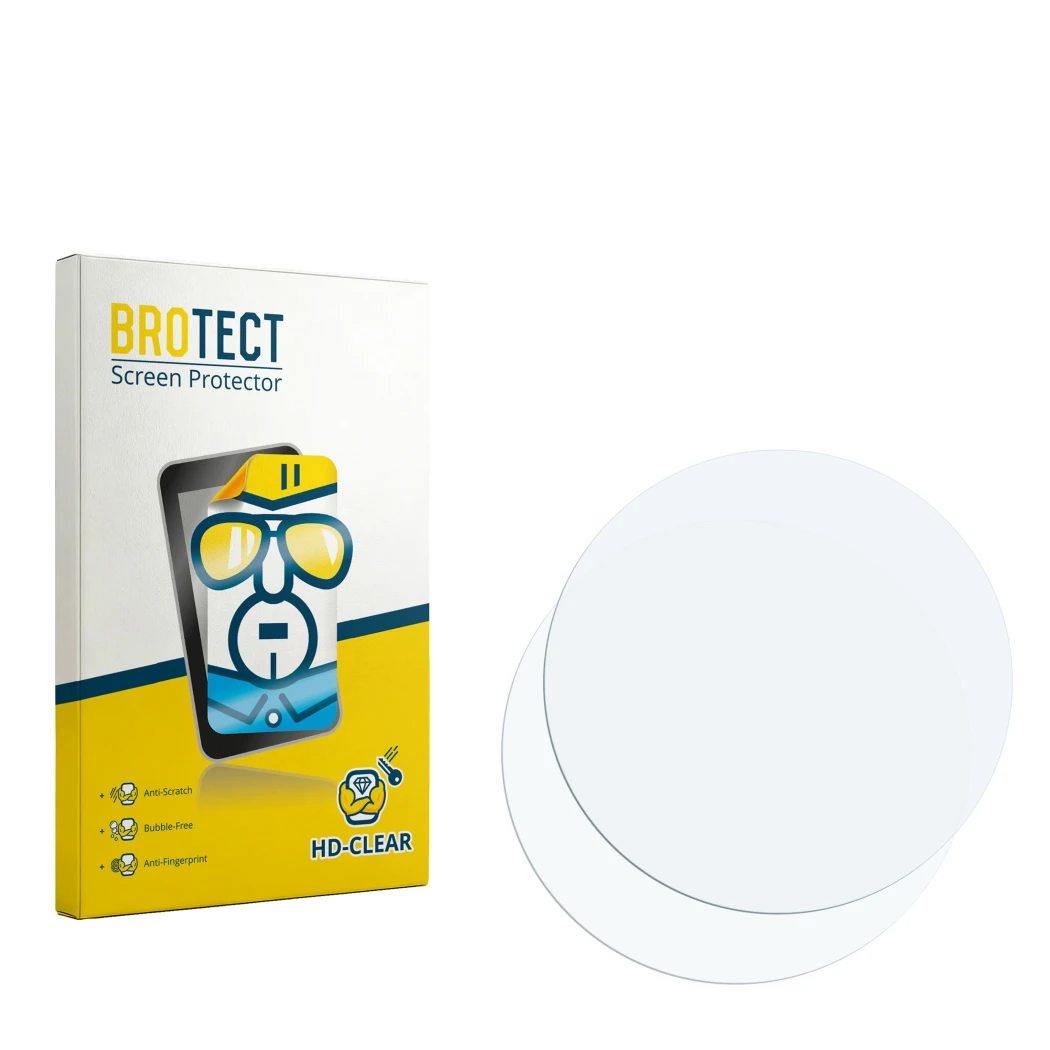 Parte frontal de un envase de producto con el logotipo de la marca BROTECT. Al lado está el protector de pantalla correspondie