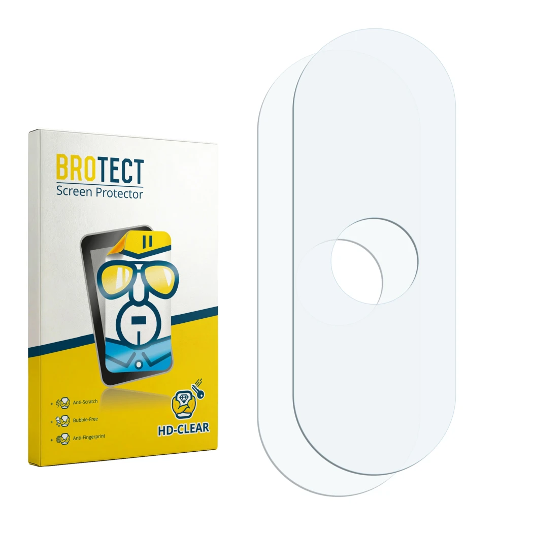 Parte frontal de un envase de producto con el logotipo de la marca BROTECT. Al lado está el protector de pantalla correspondie
